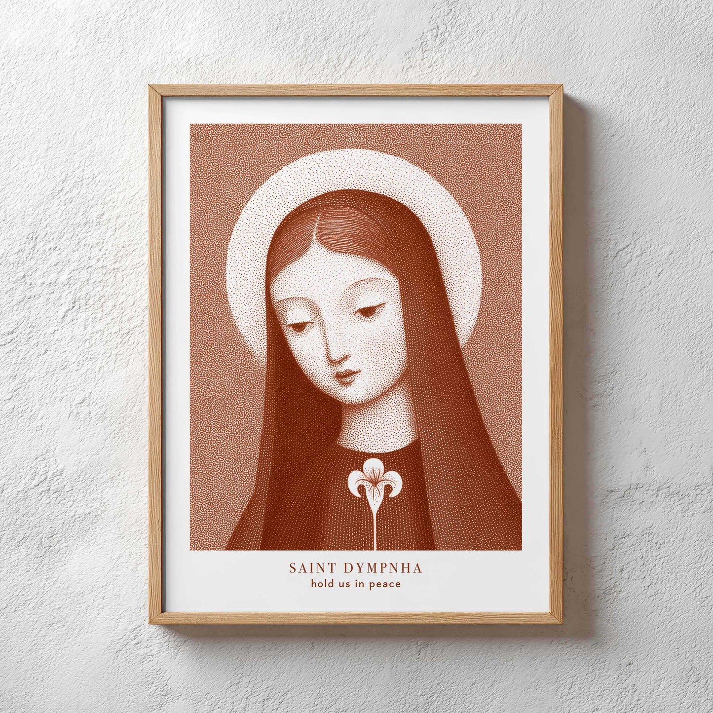 St Dymphna Art Print - Terracotta interior mockup 02 - p_29_plaster_0046_Layer 56