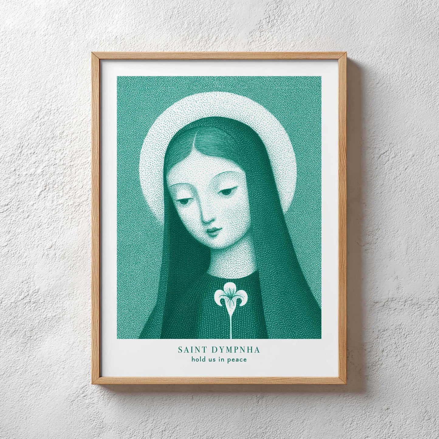 St Dymphna Art Print - Teal interior mockup 02 - p_29_plaster_0047_Layer 57
