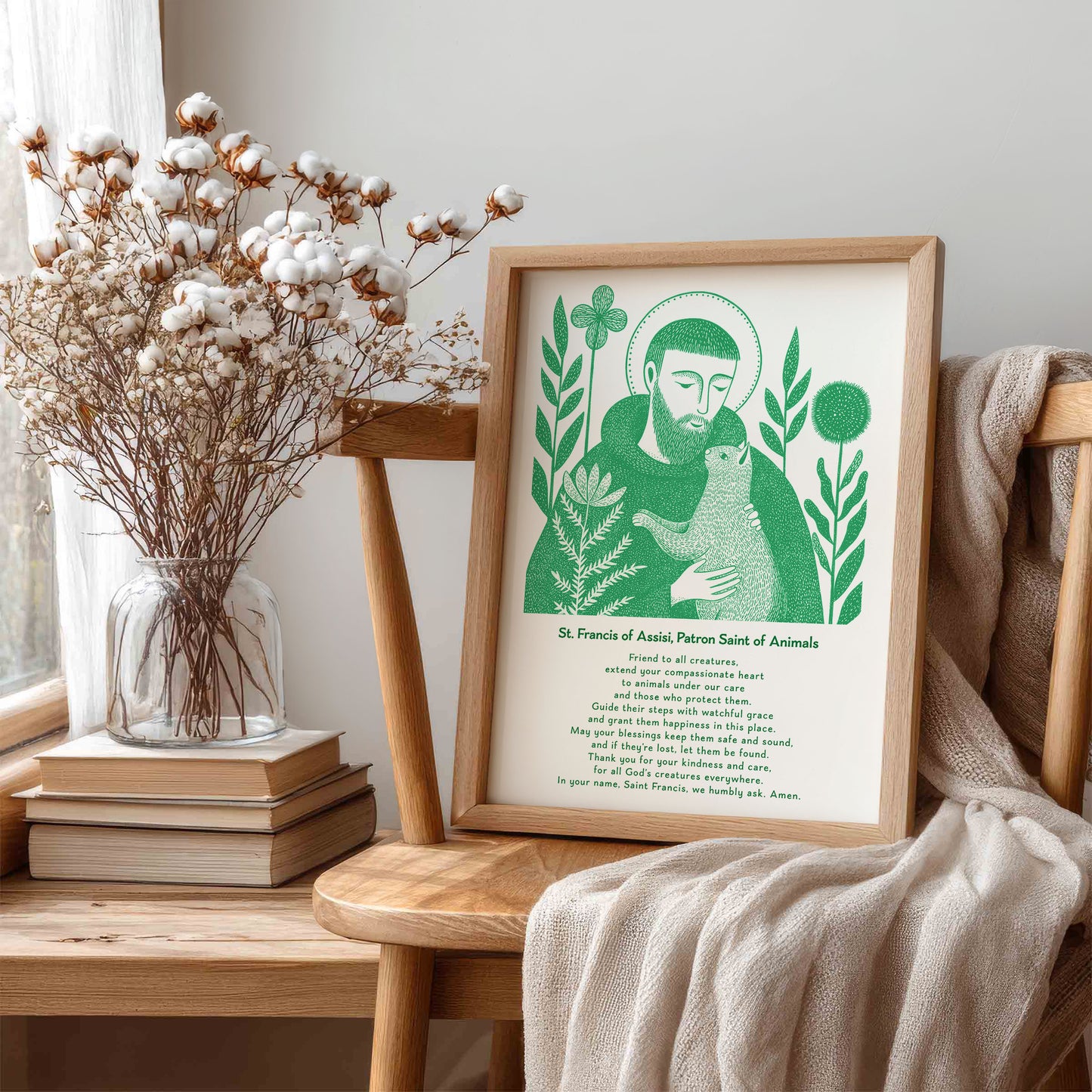 St Francis with Cat Art Print - Green interior mockup 06 - p_2_franc_cat_0004_Layer 6