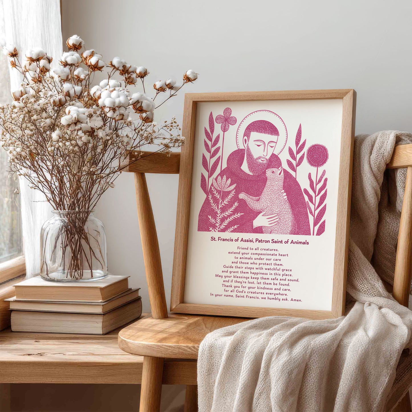 St Francis with Cat Art Print - Pink interior mockup 06 - p_2_franc_cat_0005_Layer 5