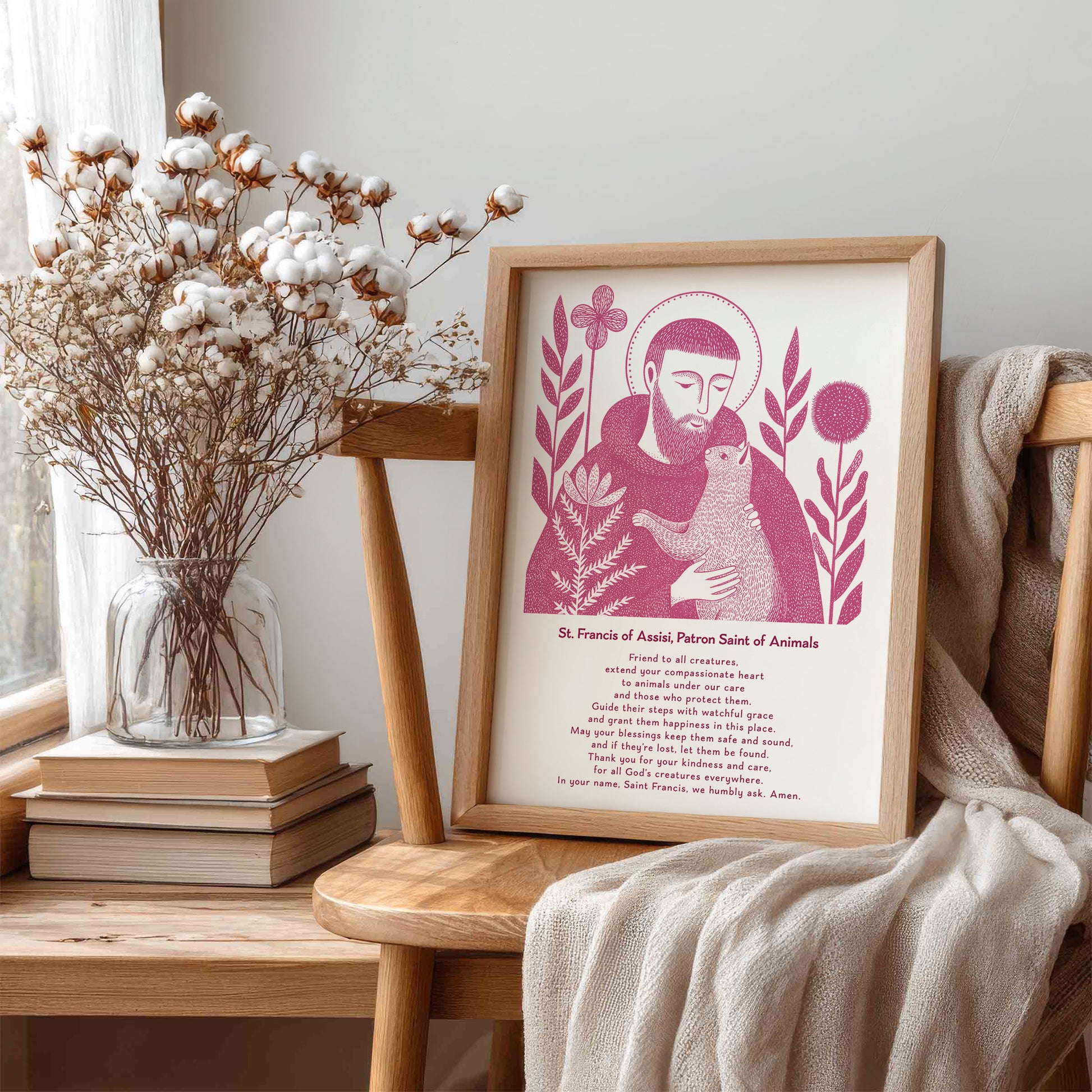 St Francis with Cat Art Print - Pink interior mockup 06 - p_2_franc_cat_0005_Layer 5