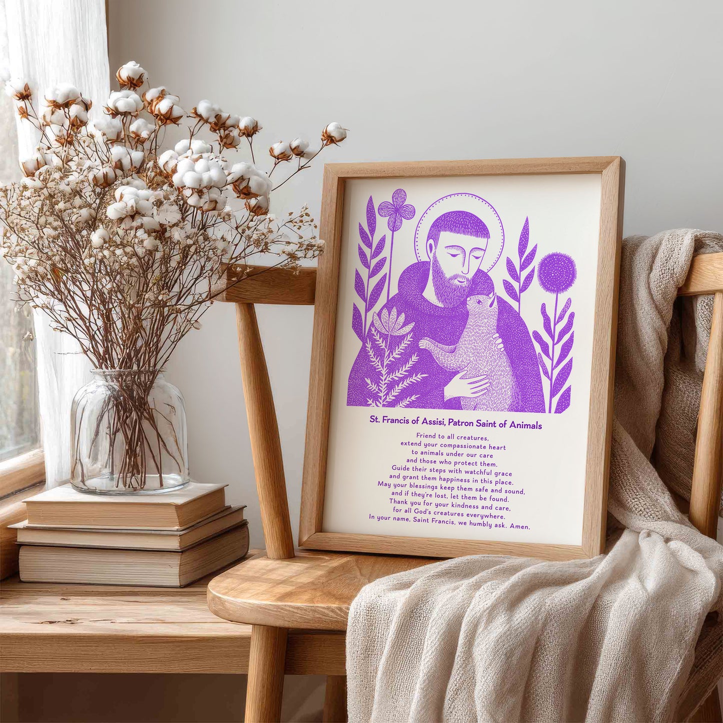 St Francis with Cat Art Print - Purple interior mockup 07 - p_2_franc_cat_0006_Layer 4