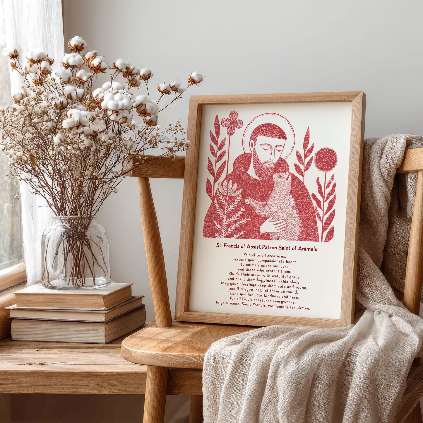 St Francis with Cat Art Print - Red interior mockup 07 - p_2_franc_cat_0007_Layer 3