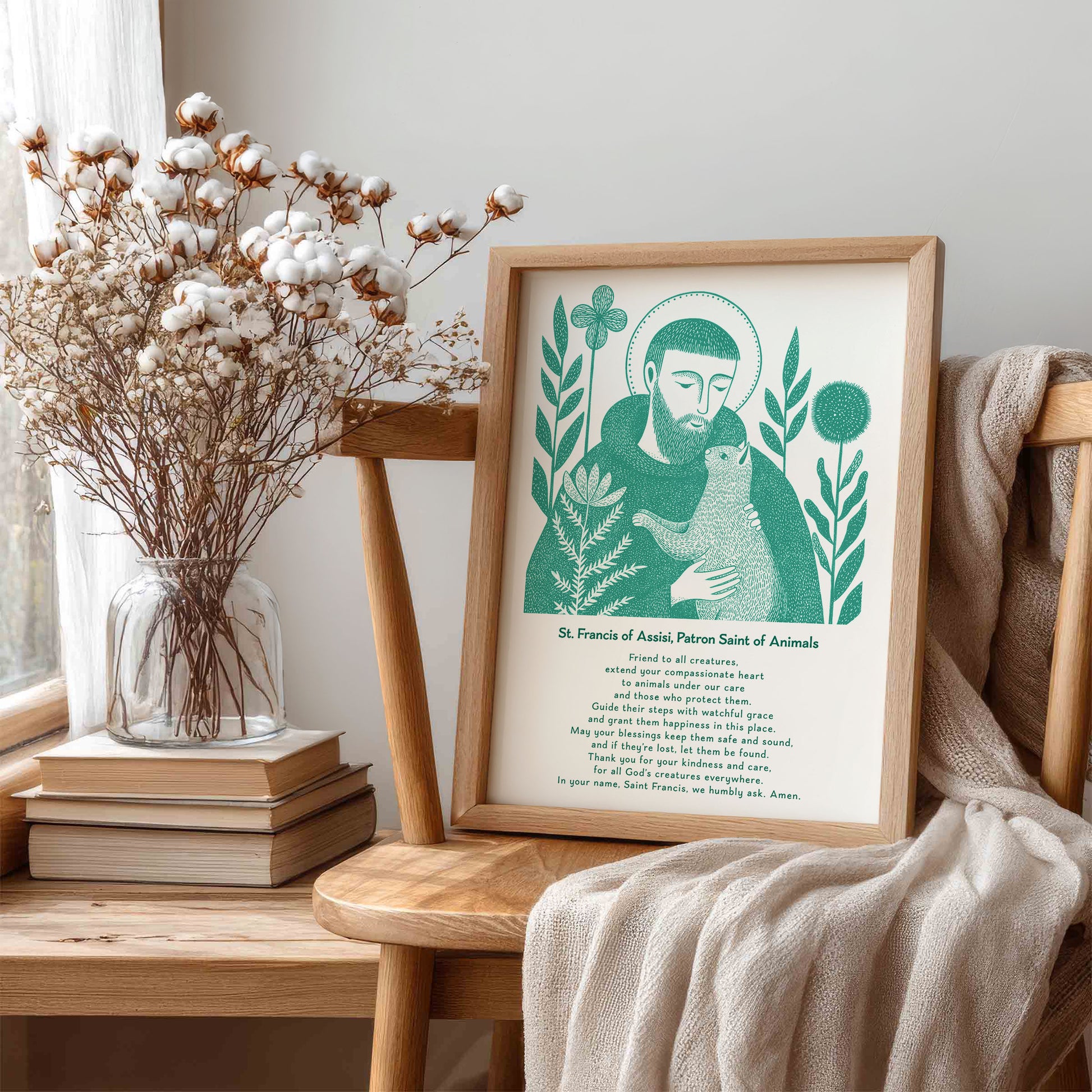 St Francis with Cat Art Print - Teal interior mockup 06 - p_2_franc_cat_0008_Layer 2
