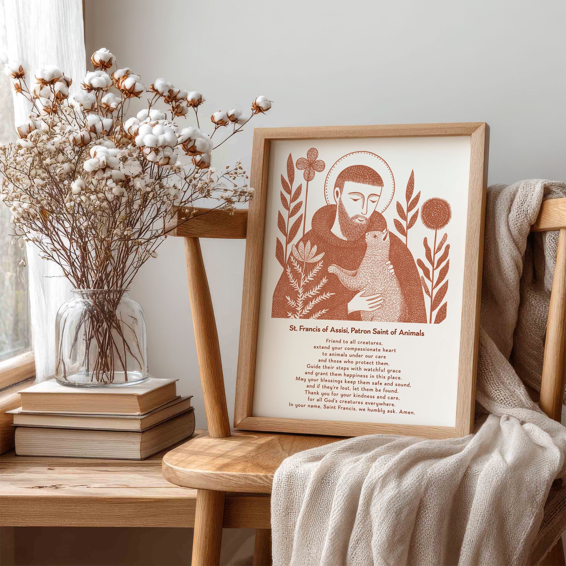 St Francis with Cat Art Print - Terracotta interior mockup 06 - p_2_franc_cat_0009_Layer 1