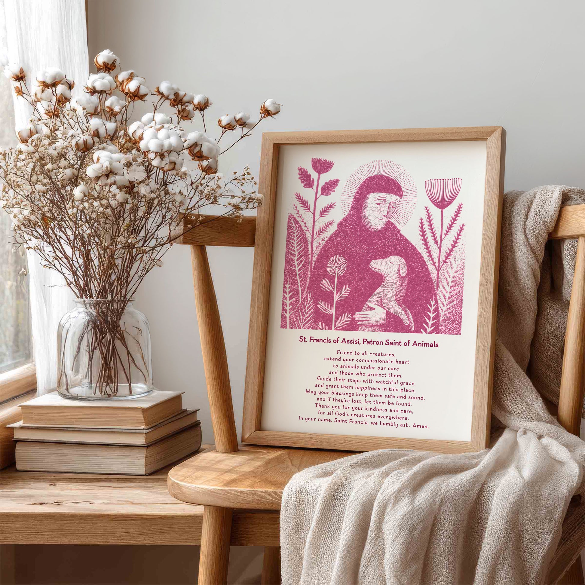 St Francis with Dog Art Print - Pink interior mockup 06 - p_2_franc_dog_0005_Layer 5