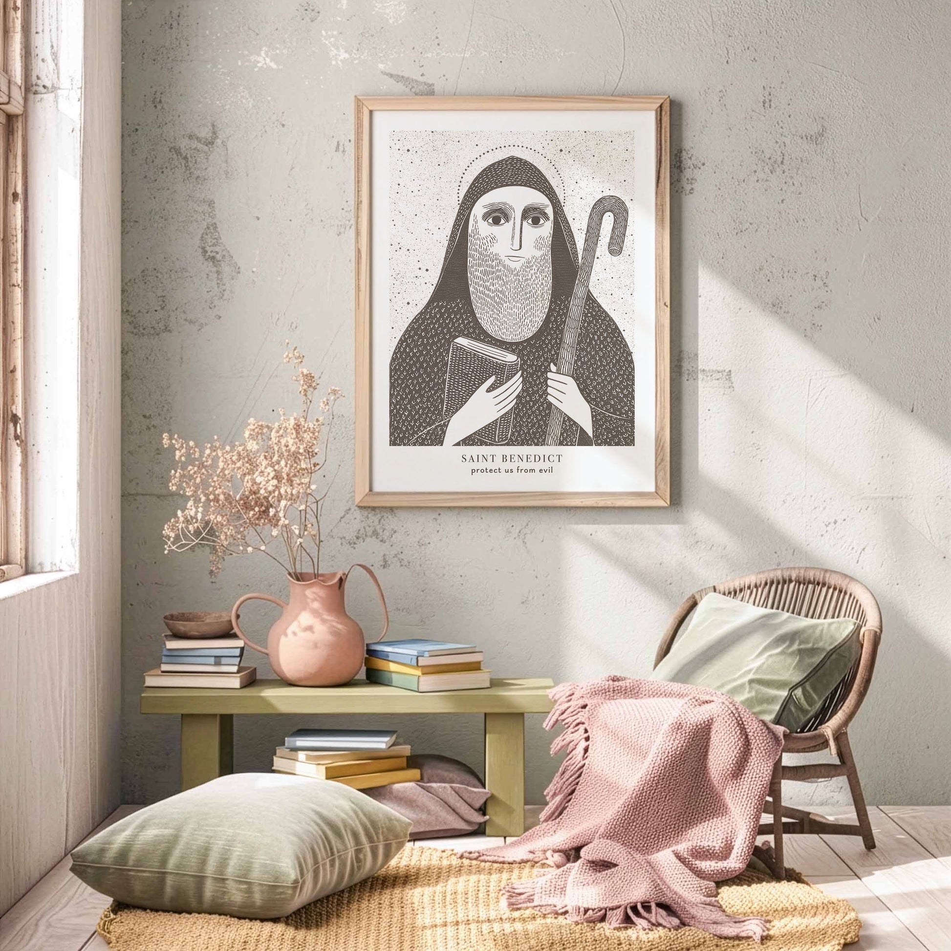 St Benedict Art Print - Brown interior mockup 04 - p_31_greenesh_plaster_0000_Layer 7