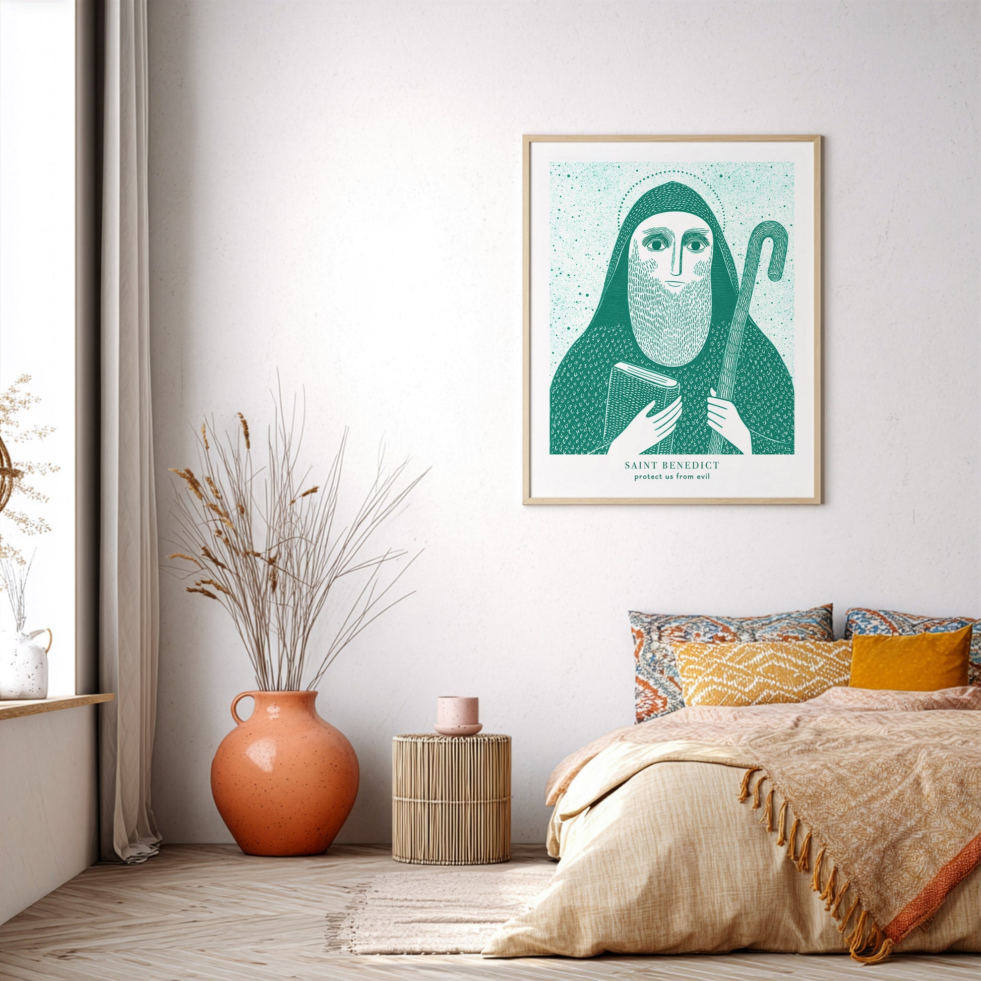 St Benedict Art Print - Teal interior mockup 04 - p_32_airy_bedroom_0000_Layer 1
