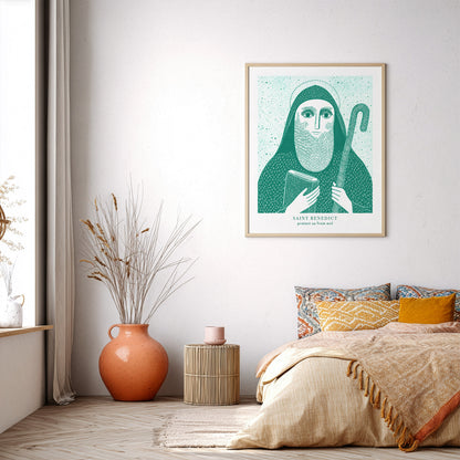 St Benedict Art Print - Teal interior mockup 04 - p_32_airy_bedroom_0000_Layer 1