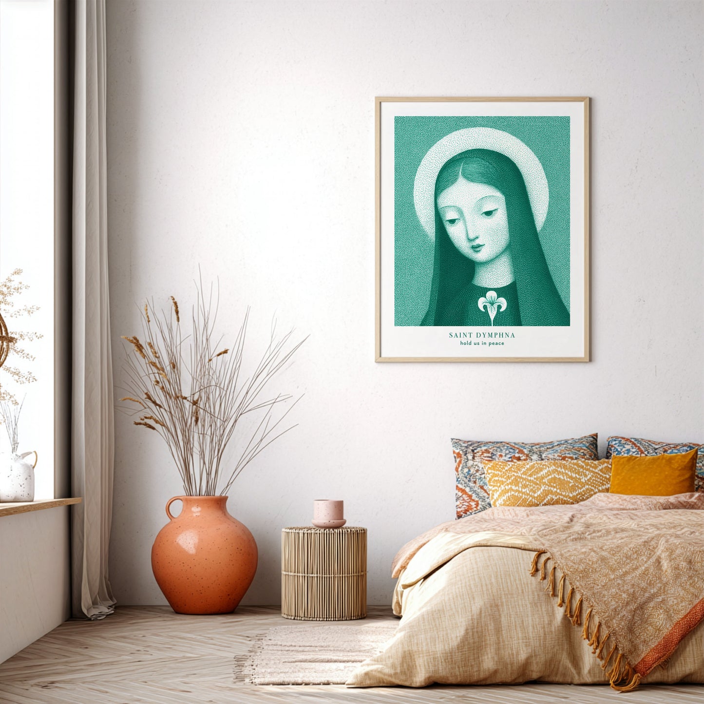 St Dymphna Art Print - Teal interior mockup 03 - p_32_airy_bedroom_0003_Layer 4