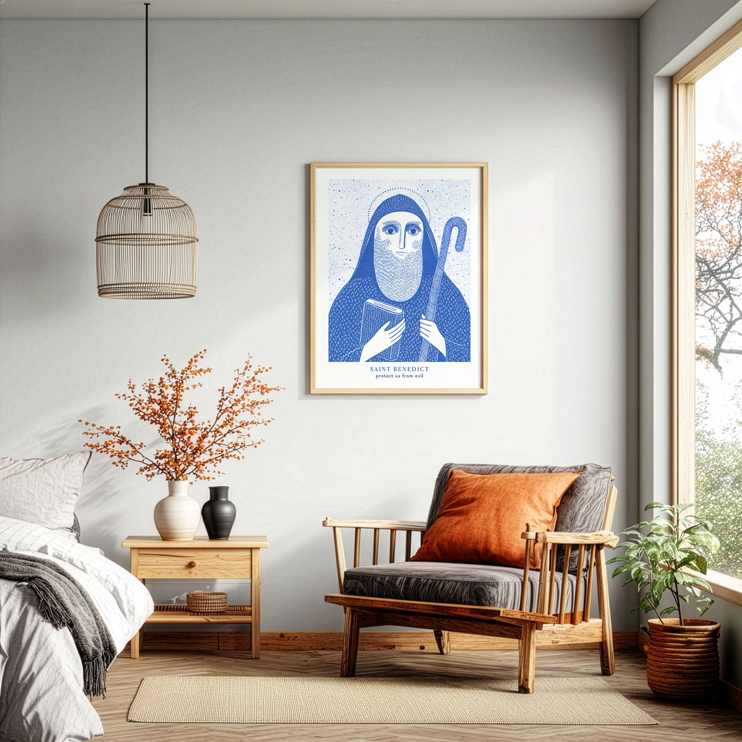 St Benedict Art Print - Blue interior mockup 03 - p_33_brown_chair_0000_Layer 5