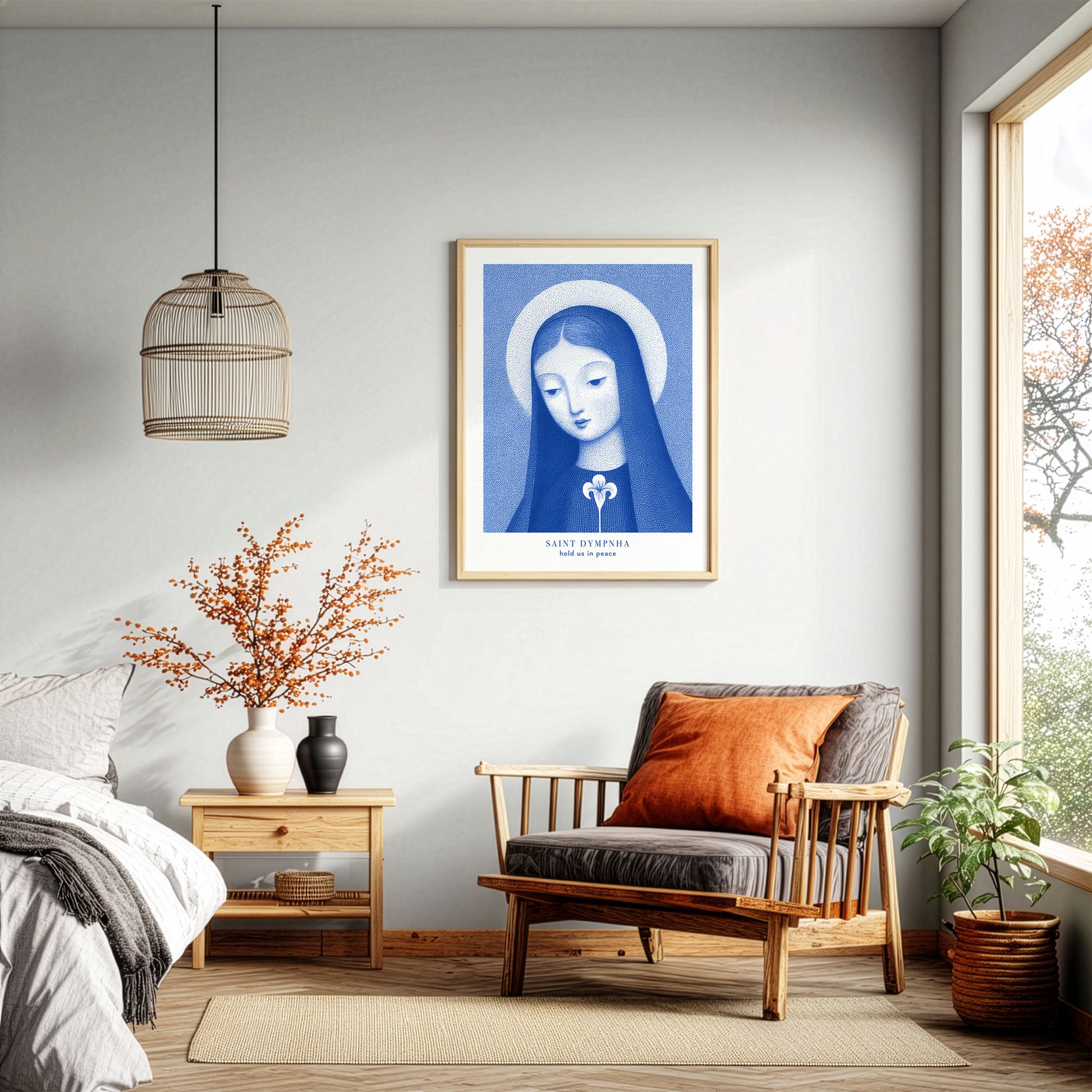 St Dymphna Art Print - Blue interior mockup 04 - p_33_brown_chair_0003_Layer 8