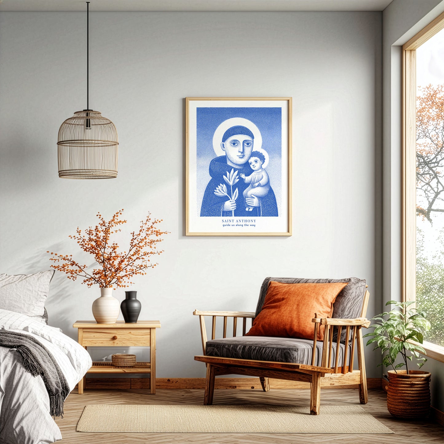 St Anthony Art Print - Blue interior mockup 04 - p_33_brown_chair_0004_Layer 9