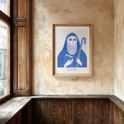 St Benedict Art Print - Blue interior mockup 04 - p_34_old_wall_0000_Layer 1