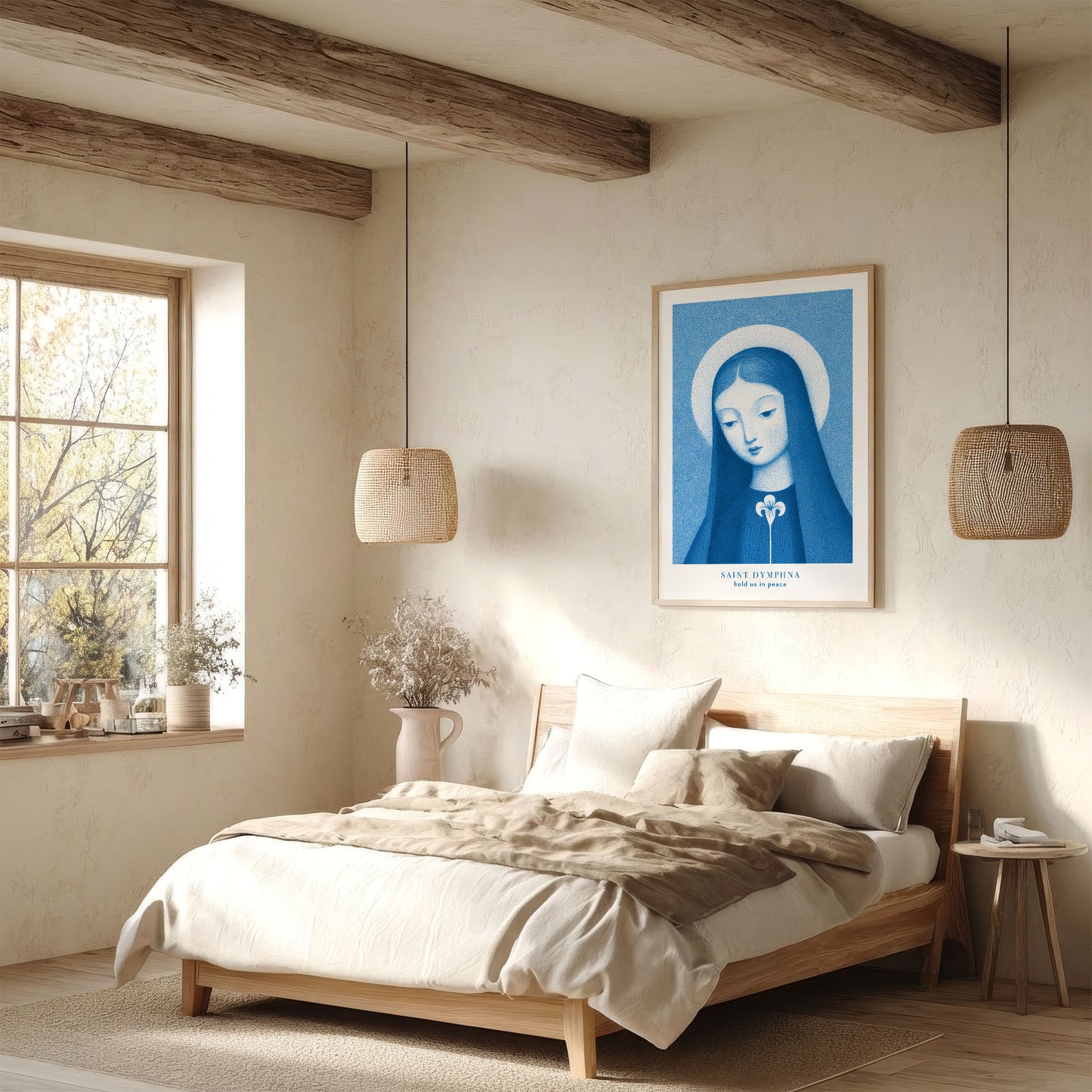 St Dymphna Art Print - Deep Blue interior mockup 05 - p_36_scandi_bedr_0005_Layer 7