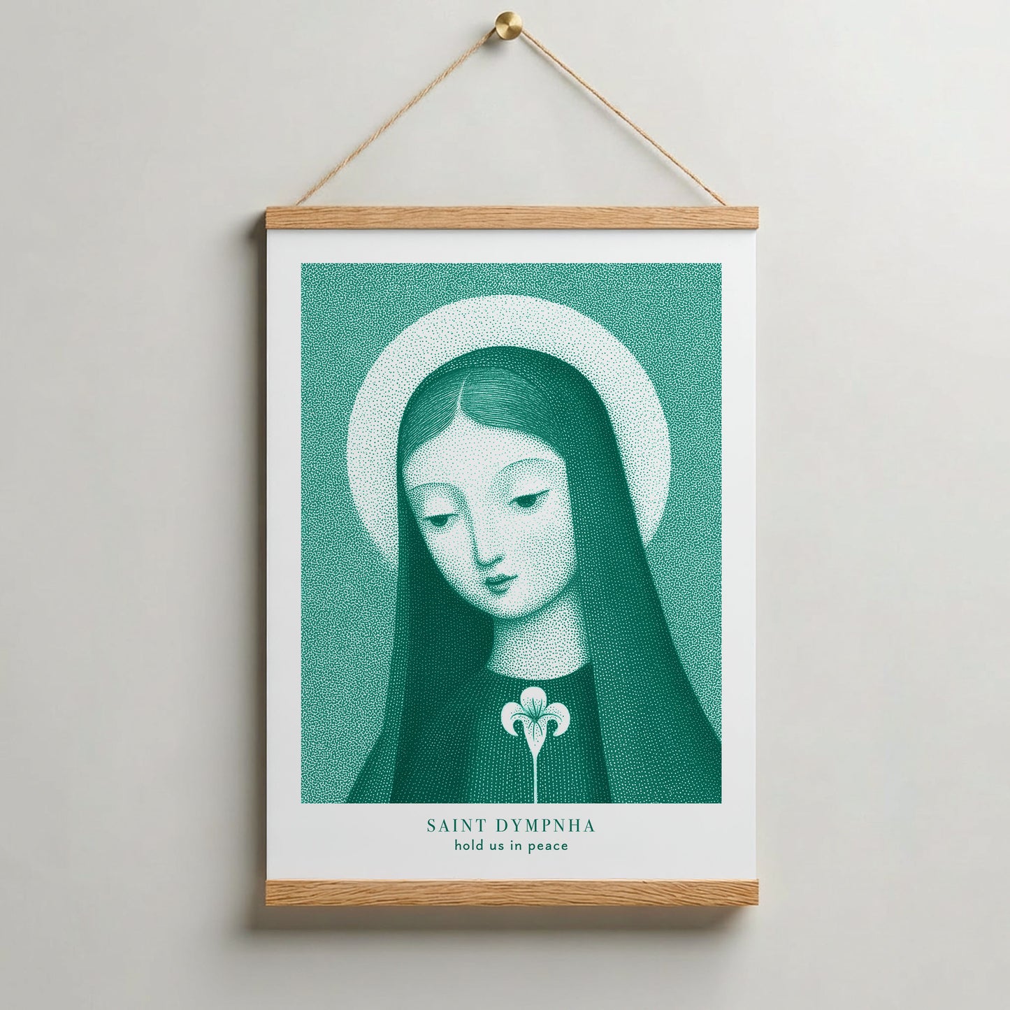 St Dymphna Art Print - Teal interior mockup 04 - p_37_hanging_0006_Layer 10
