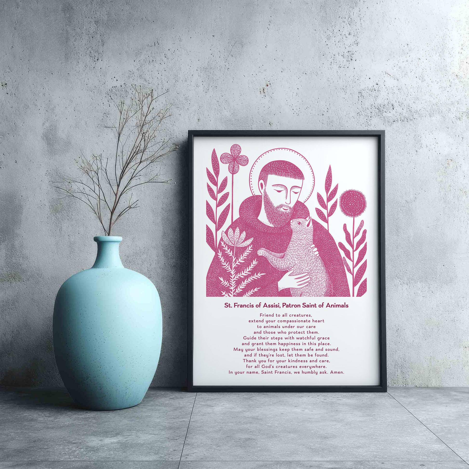 St Francis with Cat Art Print - Pink interior mockup 12 - p_3_franc_cat_0000_Layer 2