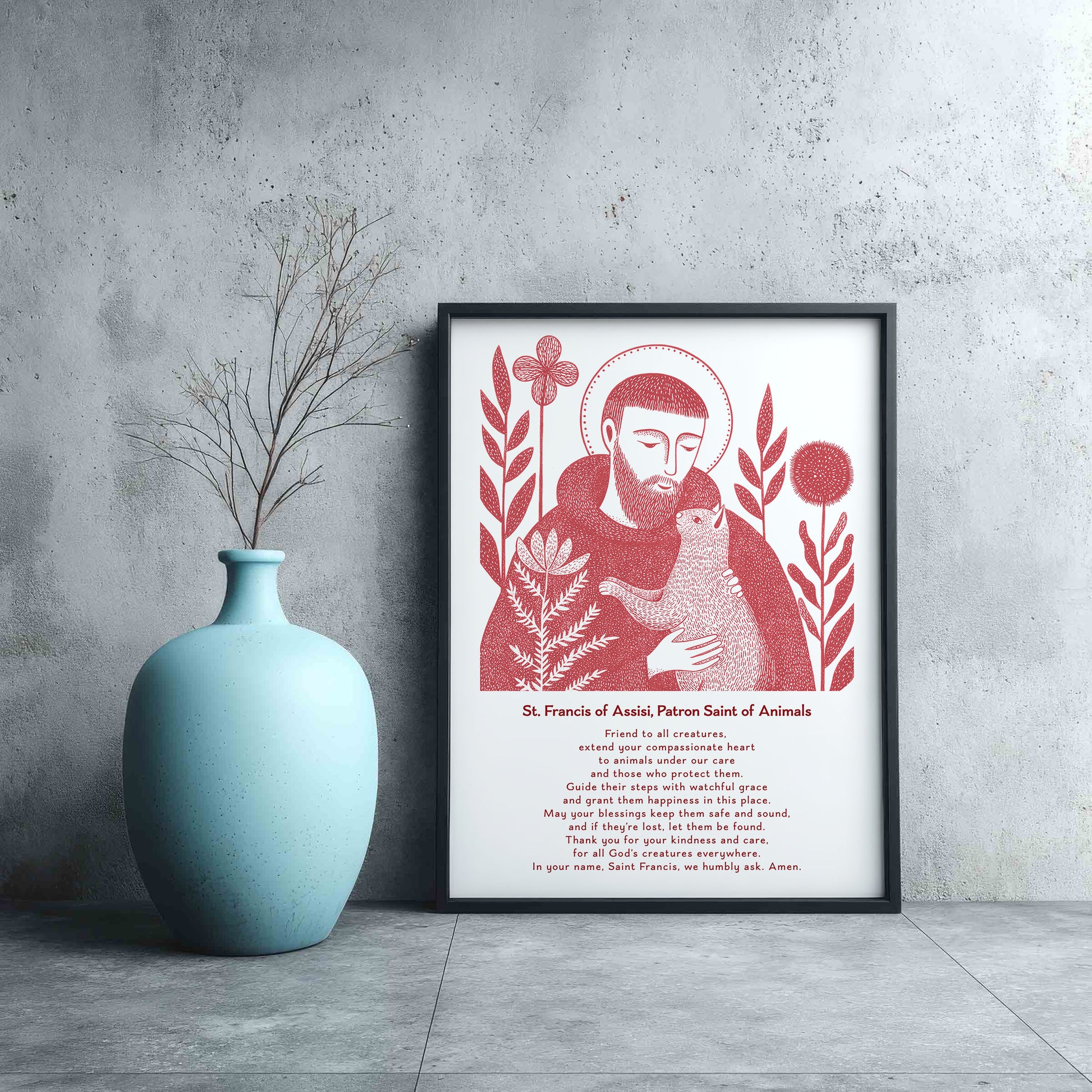 St Francis with Cat Art Print - Red interior mockup 12 - p_3_franc_cat_0001_Layer 1