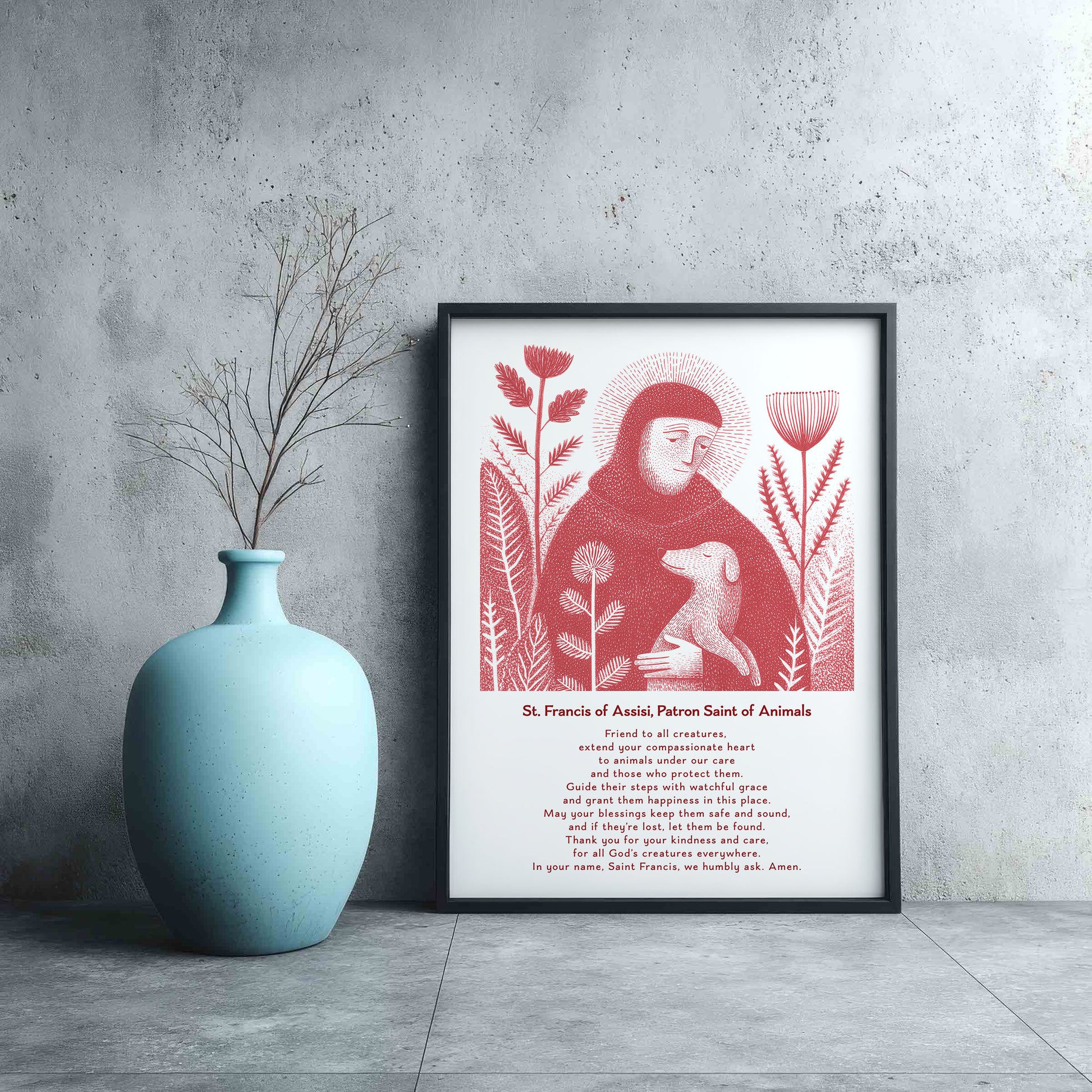 St Francis with Dog Art Print - Red interior mockup 13 - p_3_franc_dog_0001_Layer 1