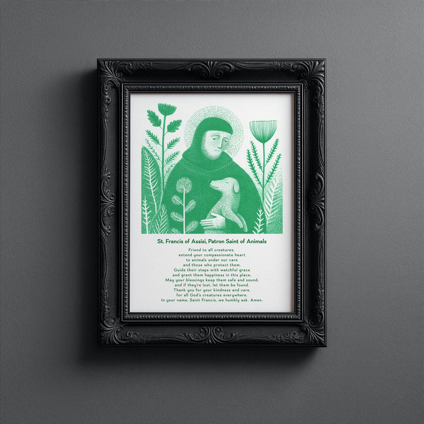 St Francis with Dog Art Print - Green interior mockup 13 - p_5_franc_dog_0003_Layer 5