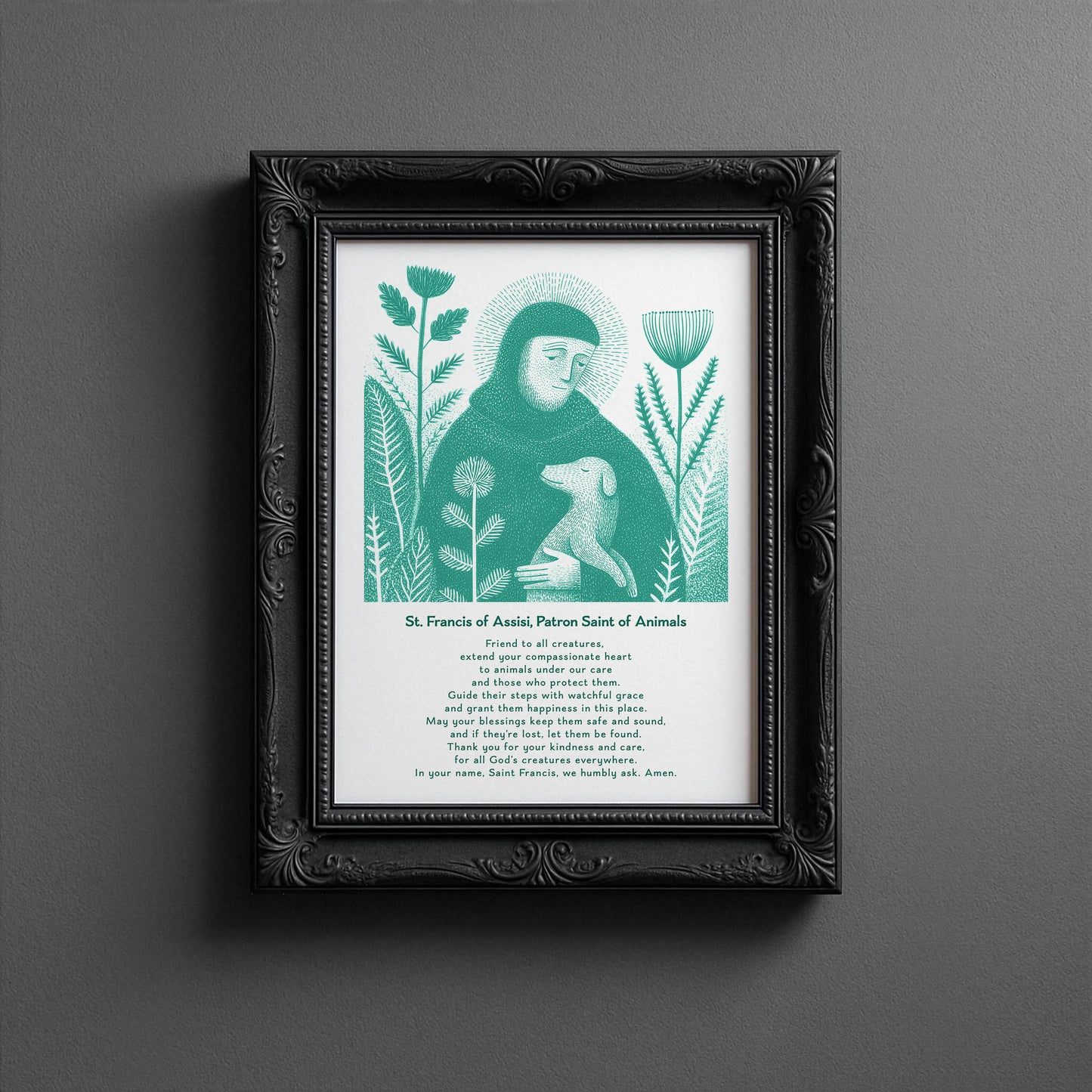 St Francis with Dog Art Print - Teal interior mockup 12 - p_5_franc_dog_0007_Layer 1