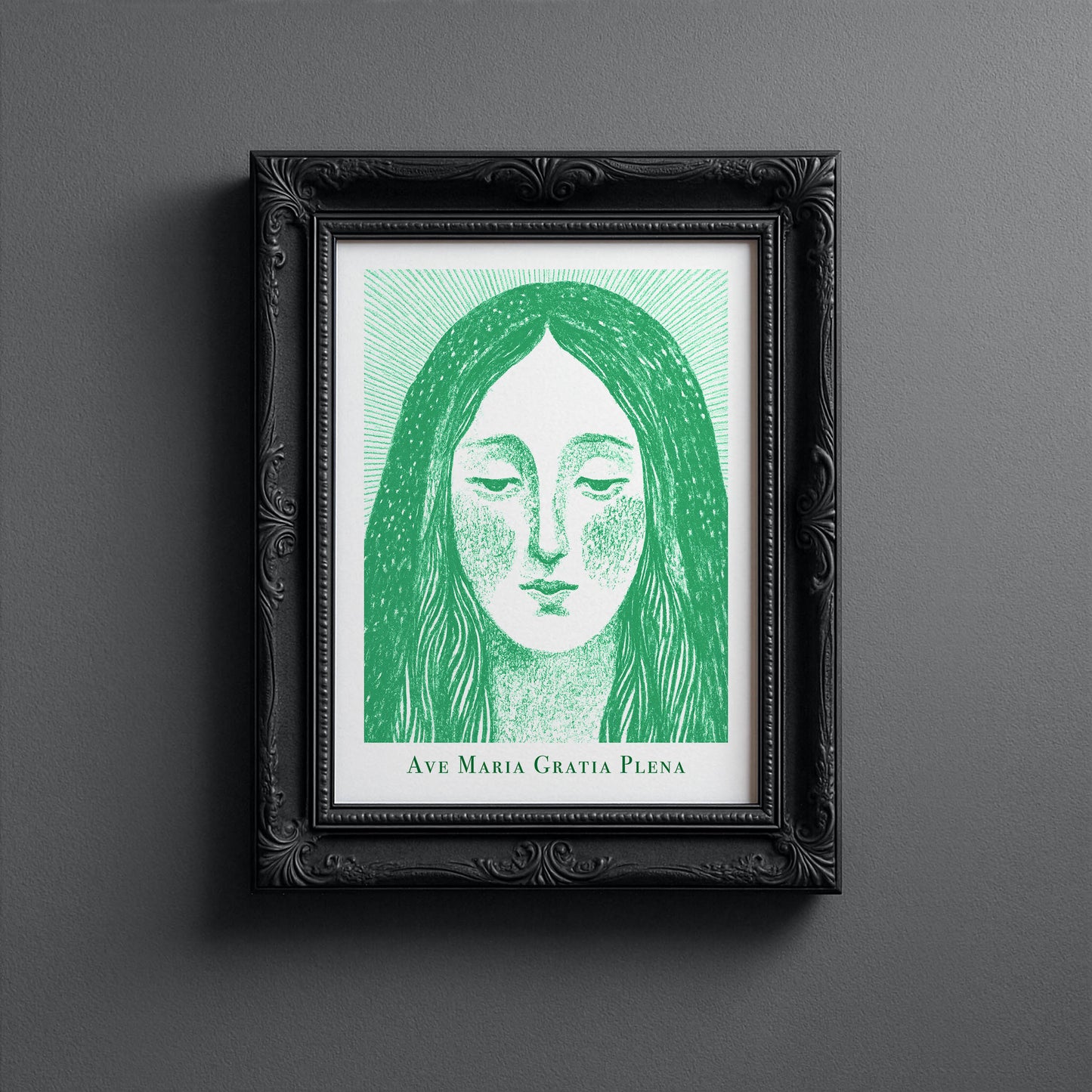 Virgin Mary Art Print - Green interior mockup 10 - p_5_maria_0003_Layer 5