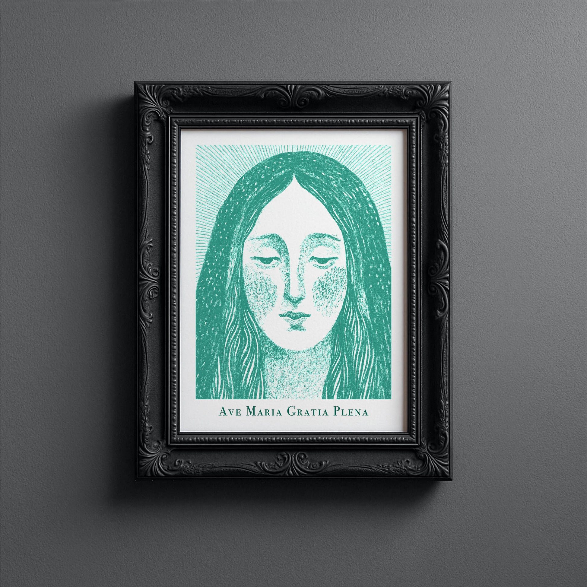 Virgin Mary Art Print - Teal interior mockup 10 - p_5_maria_0007_Layer 1