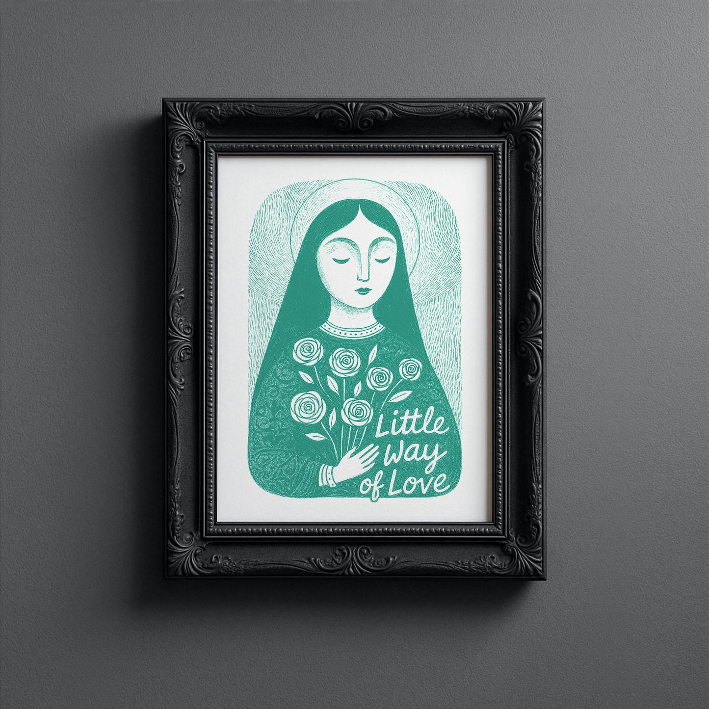 St Therese of Lisieux Art Print - Teal interior mockup 10 - p_5_ter_0008_Layer 2