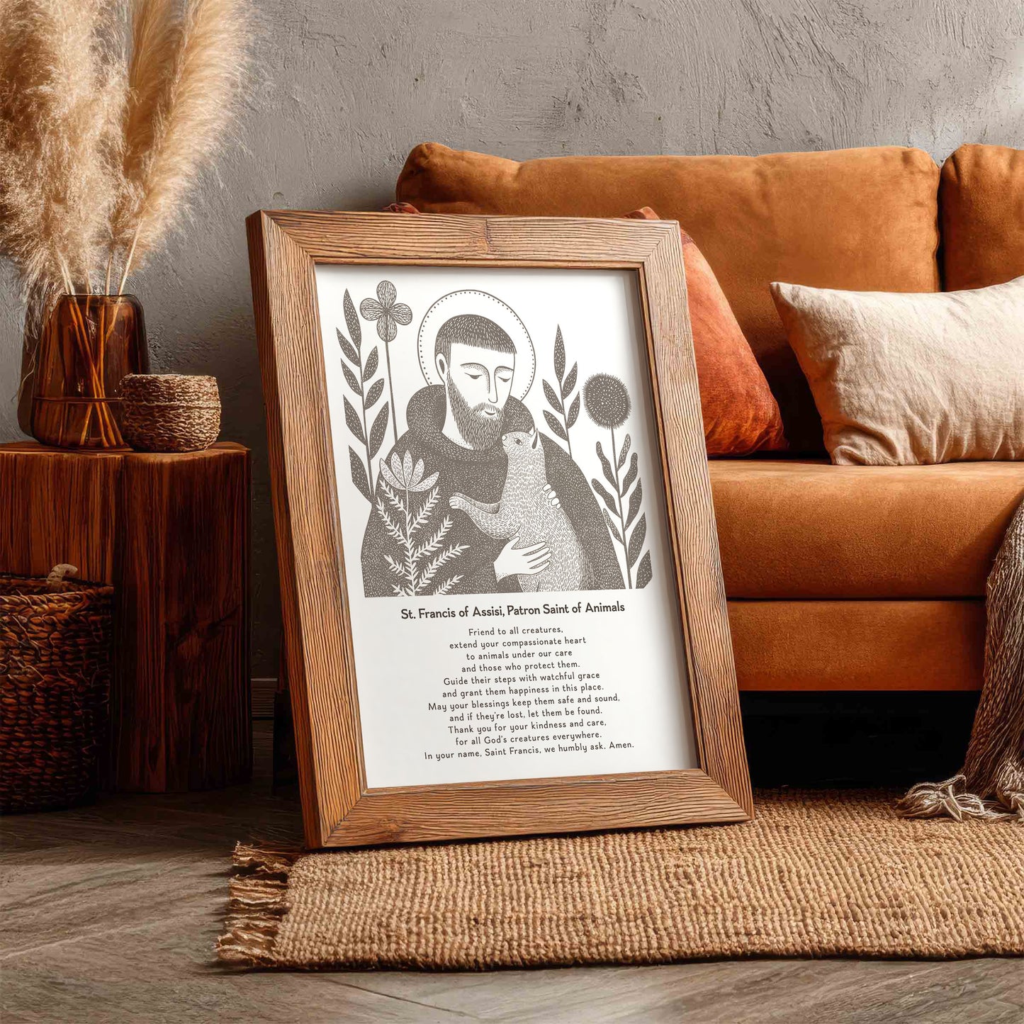St Francis with Cat Art Print - Brown interior mockup 12 - p_6_franc_cat_0001_Layer 2