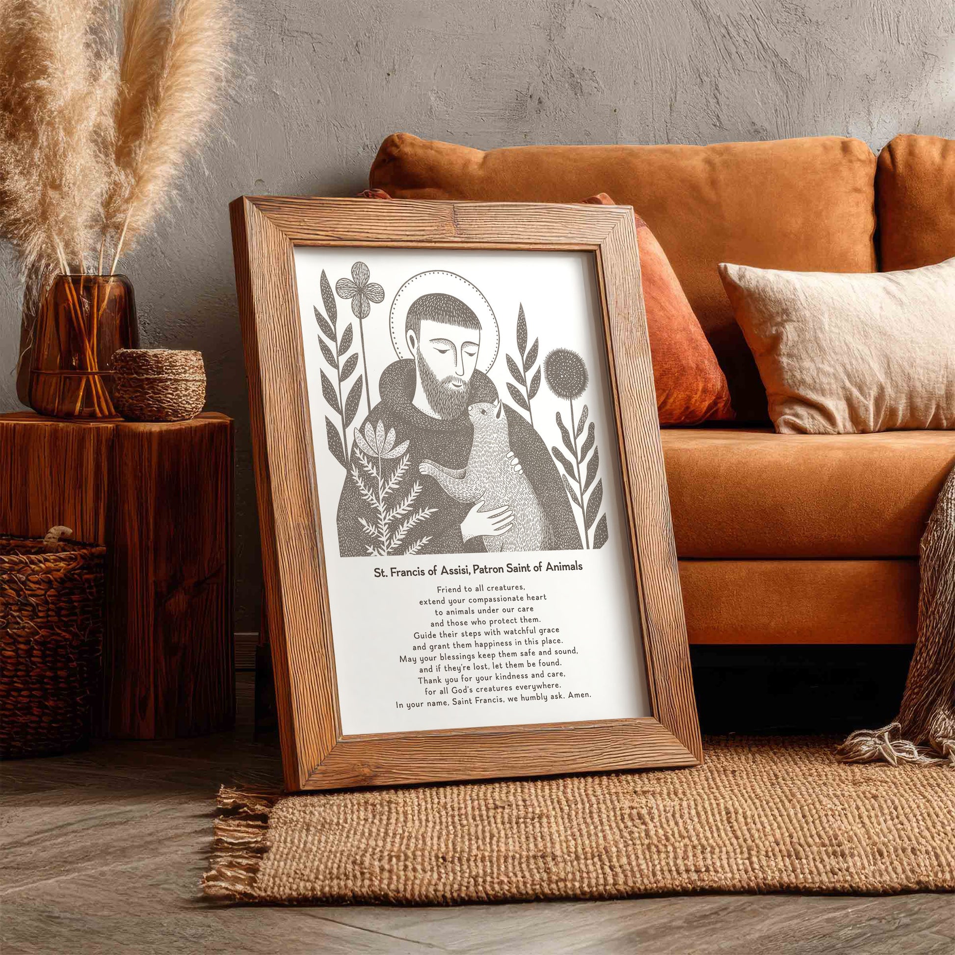 St Francis with Cat Art Print - Brown interior mockup 12 - p_6_franc_cat_0001_Layer 2