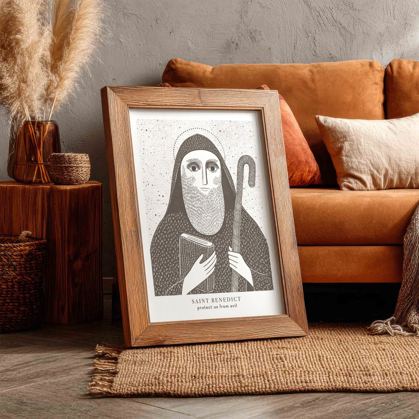 St Benedict Art Print - Brown interior mockup 05 - p_6_rustic_0000_Layer 1