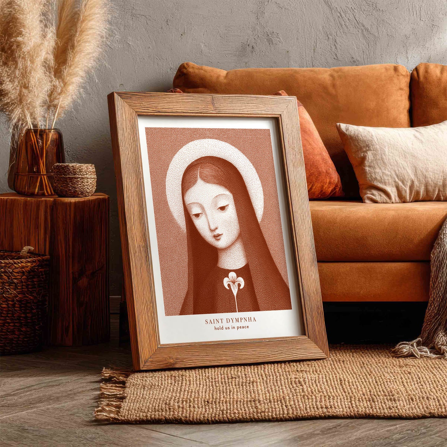 St Dymphna Art Print - Terracotta interior mockup 04 - p_6_rustic_0000_Layer 1