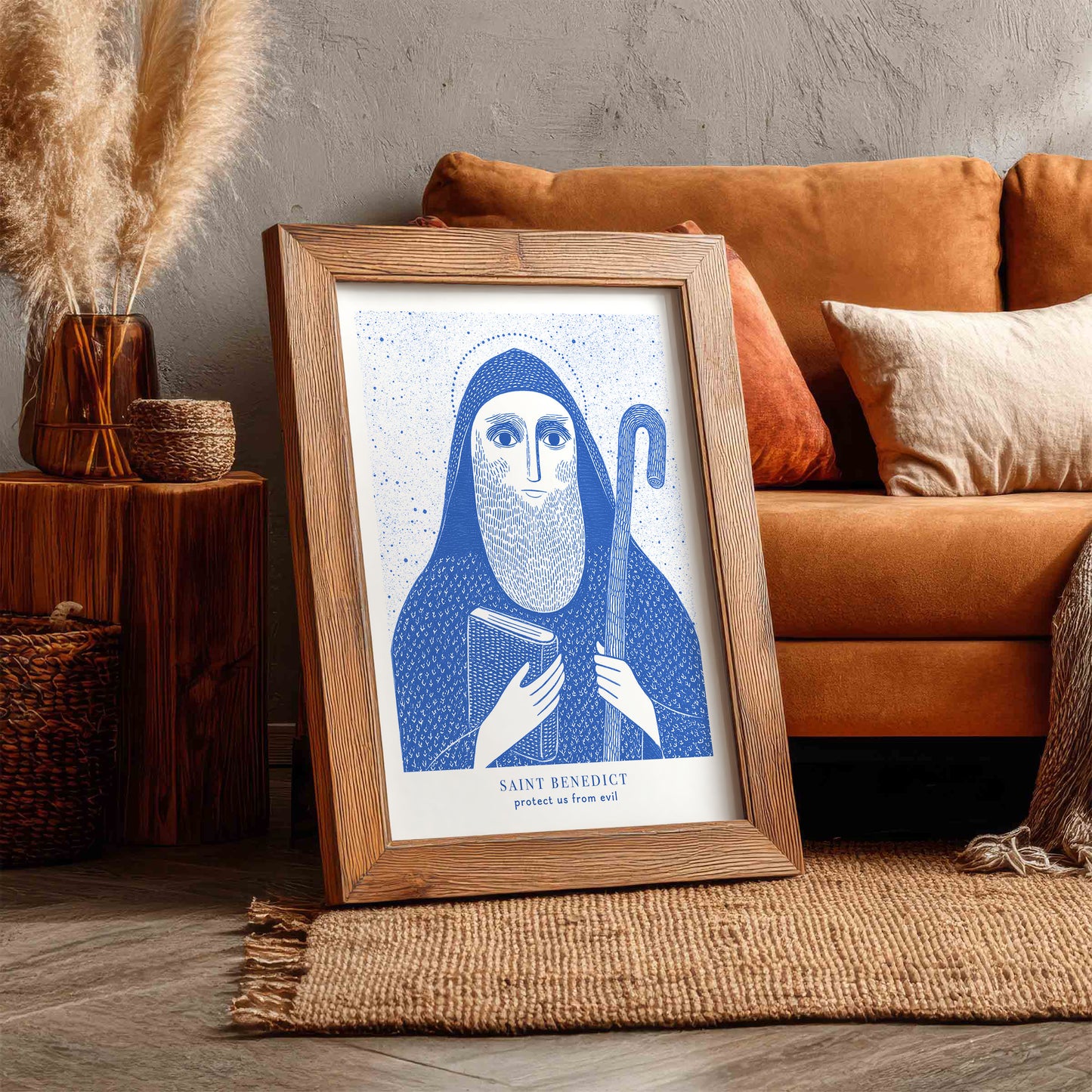 St Benedict Art Print - Blue interior mockup 05 - p_6_rustic_0000_Layer 2