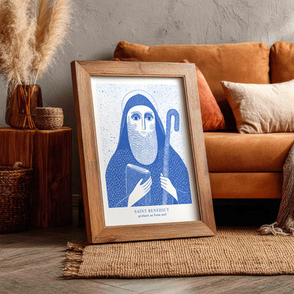 St Benedict Art Print - Blue interior mockup 05 - p_6_rustic_0000_Layer 2