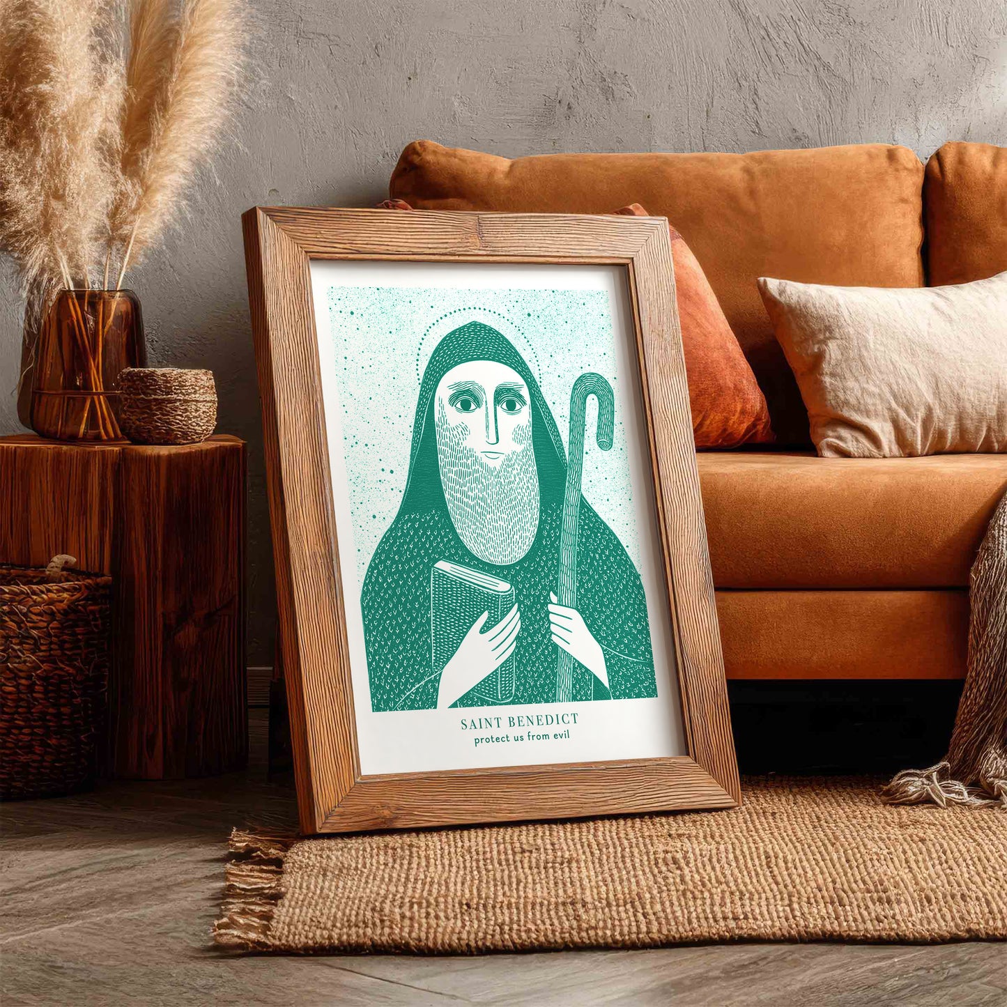 St Benedict Art Print - Teal interior mockup 05 - p_6_rustic_0001_Layer 3