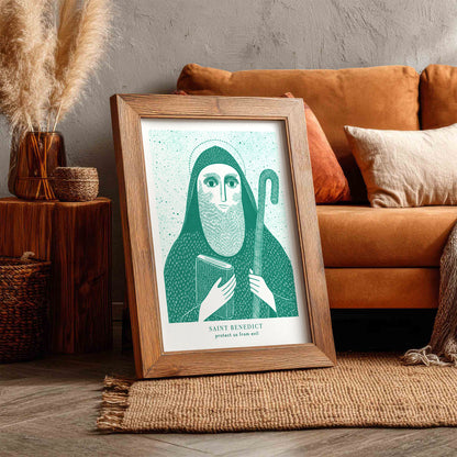 St Benedict Art Print - Teal interior mockup 05 - p_6_rustic_0001_Layer 3