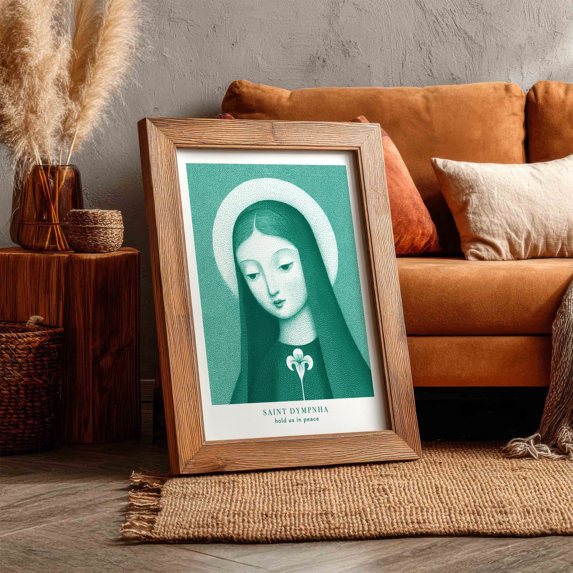 St Dymphna Art Print - Terracotta interior mockup 05 - p_6_rustic_0004_Layer 5