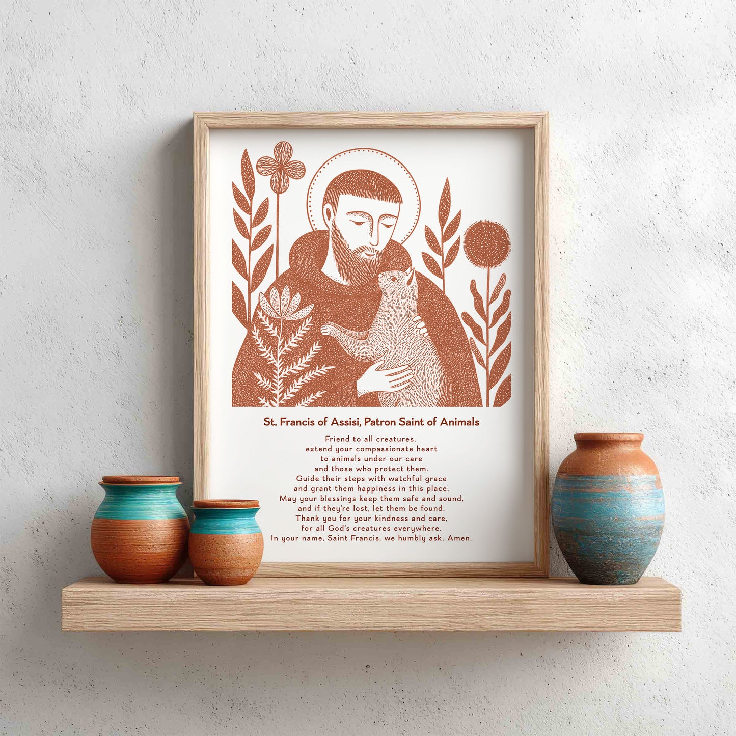 St Francis with Cat Art Print - Terracotta interior mockup 13 - p_8_franc_cat_0003_Layer 1