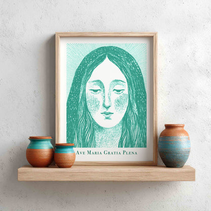 Virgin Mary Art Print - Teal interior mockup 13 - p_8_maria_0002_Layer 2