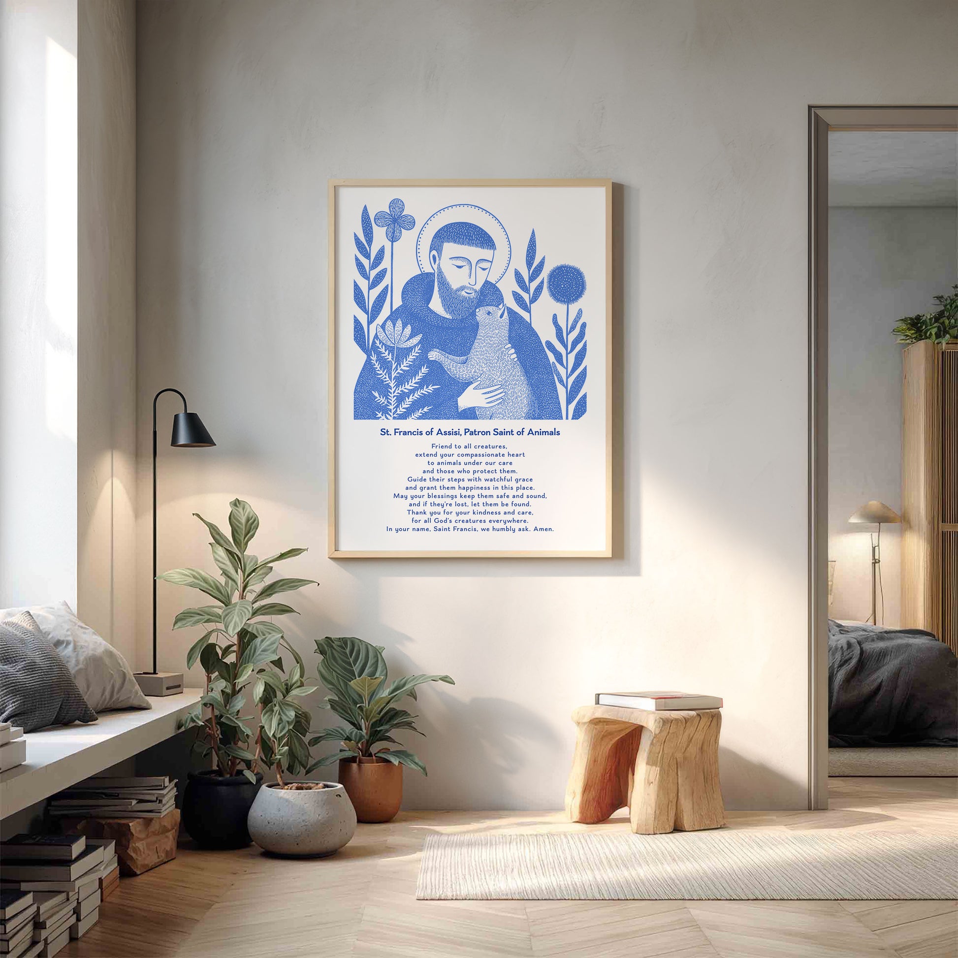 St Francis with Cat Art Print - Blue interior mockup 14 - p_9_franc_cat_0001_Layer 8