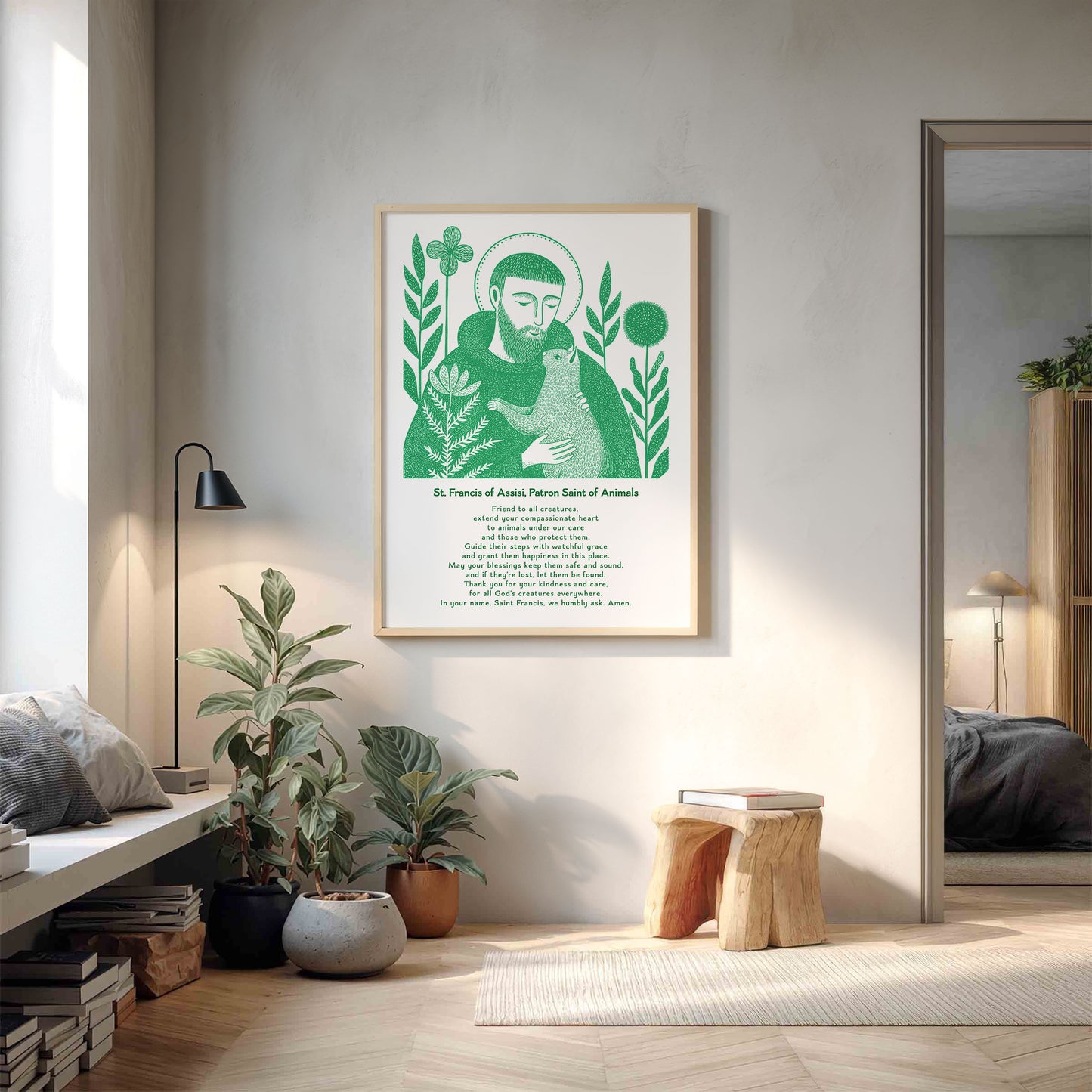 St Francis with Cat Art Print - Green interior mockup 14 - p_9_franc_cat_0004_Layer 5