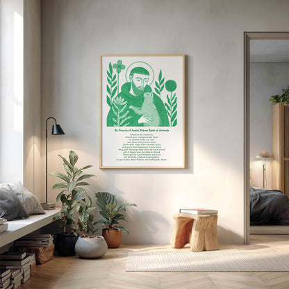 St Francis with Cat Art Print - Green interior mockup 14 - p_9_franc_cat_0004_Layer 5