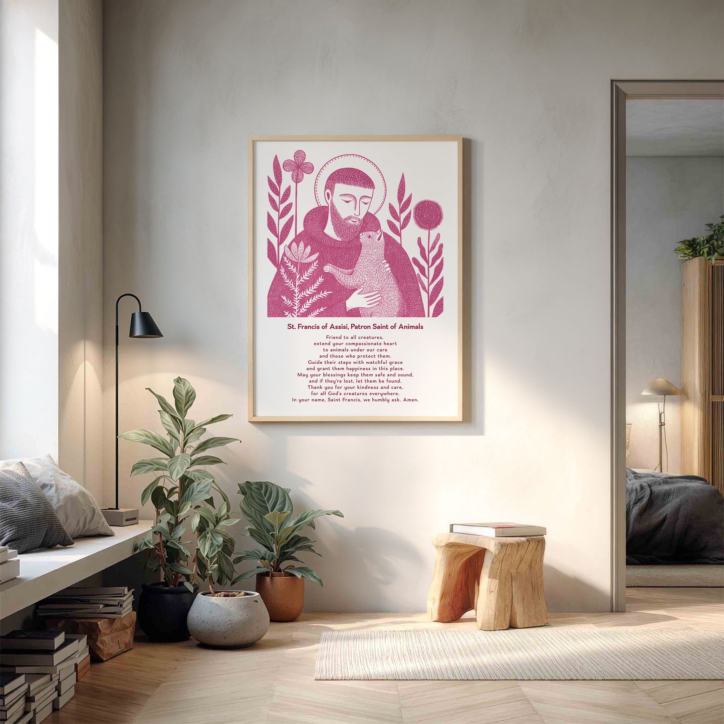 St Francis with Cat Art Print - Pink interior mockup 14 - p_9_franc_cat_0005_Layer 4