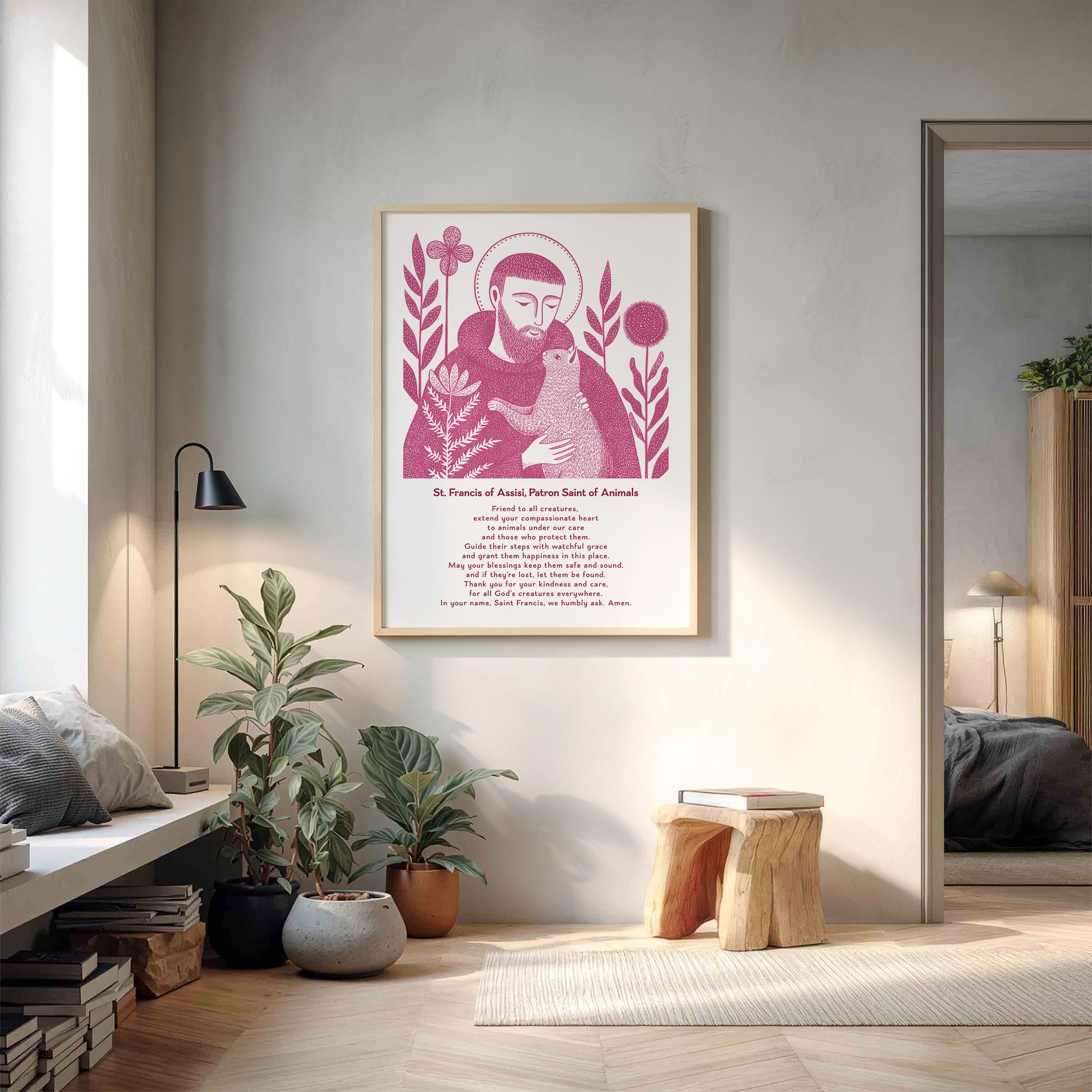 St Francis with Cat Art Print - Pink interior mockup 14 - p_9_franc_cat_0005_Layer 4