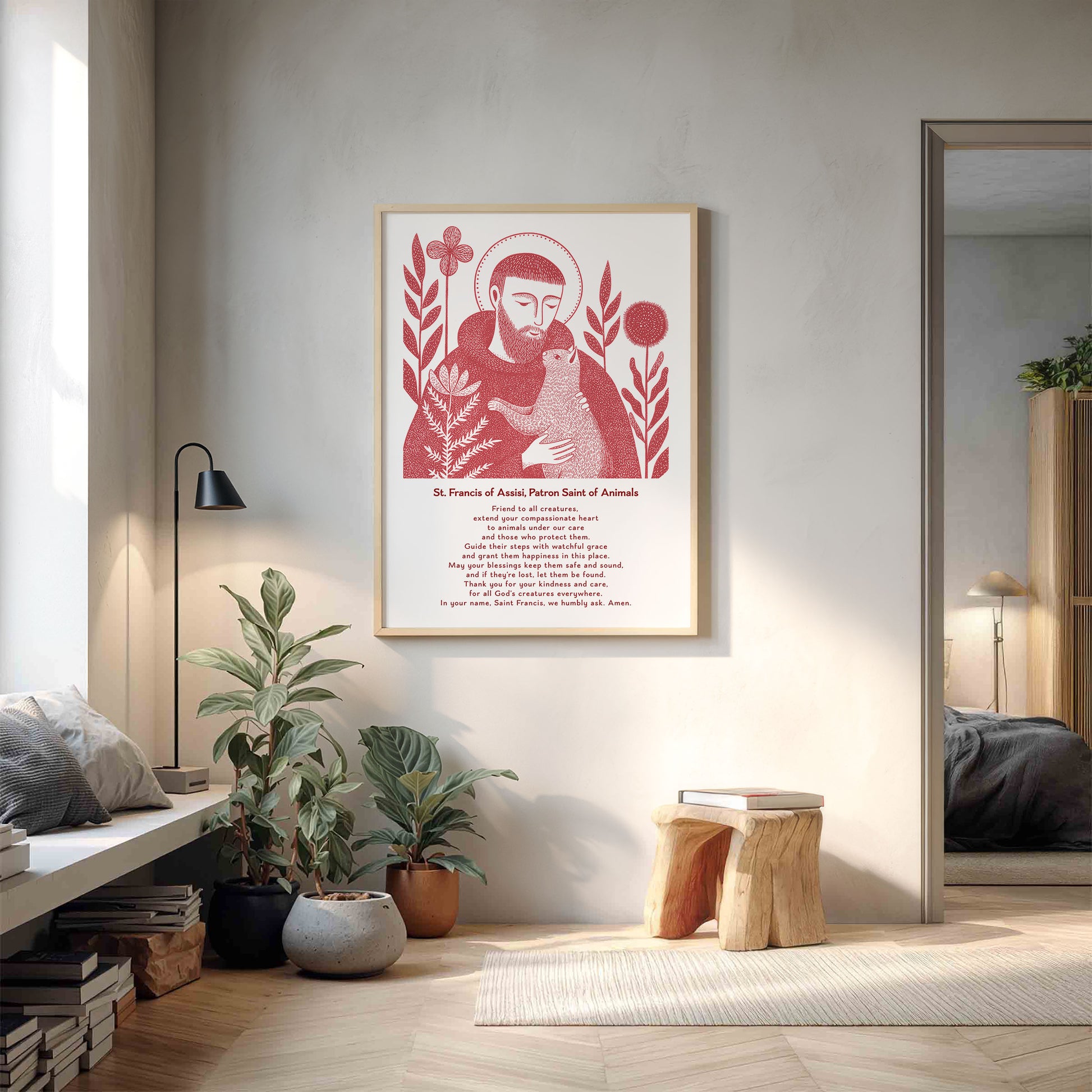 St Francis with Cat Art Print - Red interior mockup 14 - p_9_franc_cat_0006_Layer 3
