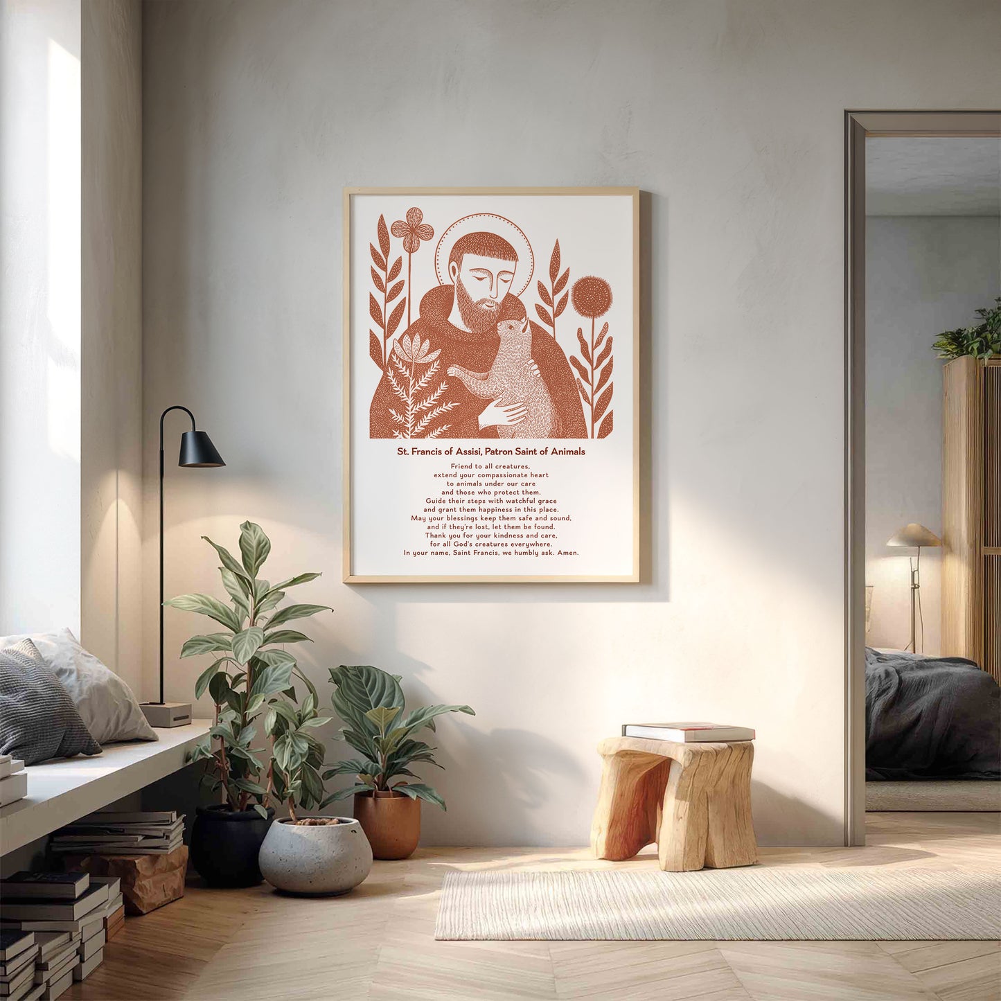 St Francis with Cat Art Print - Terracotta interior mockup 14 - p_9_franc_cat_0008_Layer 1