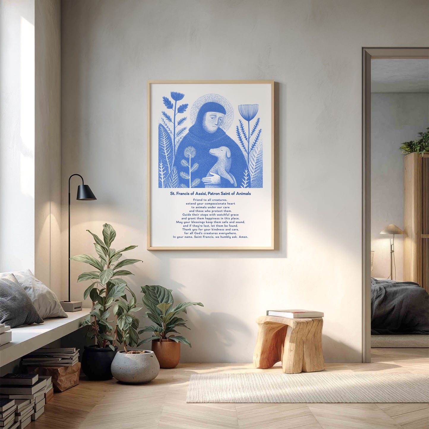 St Francis with Dog Art Print - Blue interior mockup 16 - p_9_franc_dog_0001_Layer 9