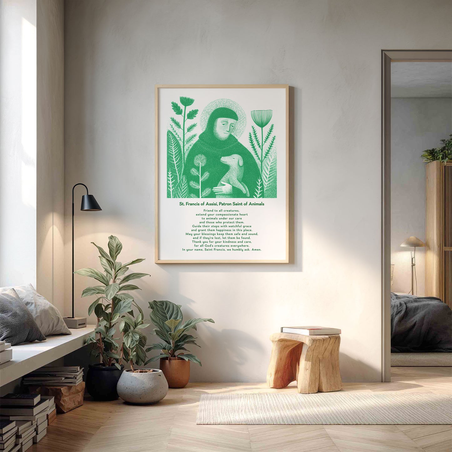 St Francis with Dog Art Print - Green interior mockup 14 - p_9_franc_dog_0004_Layer 6