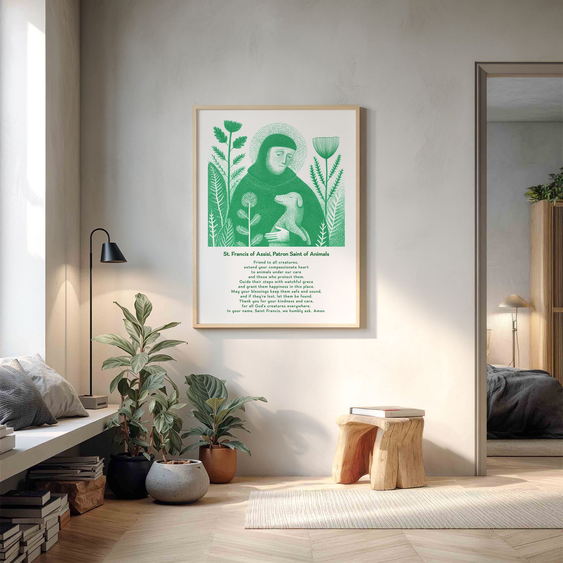 St Francis with Dog Art Print - Green interior mockup 14 - p_9_franc_dog_0004_Layer 6