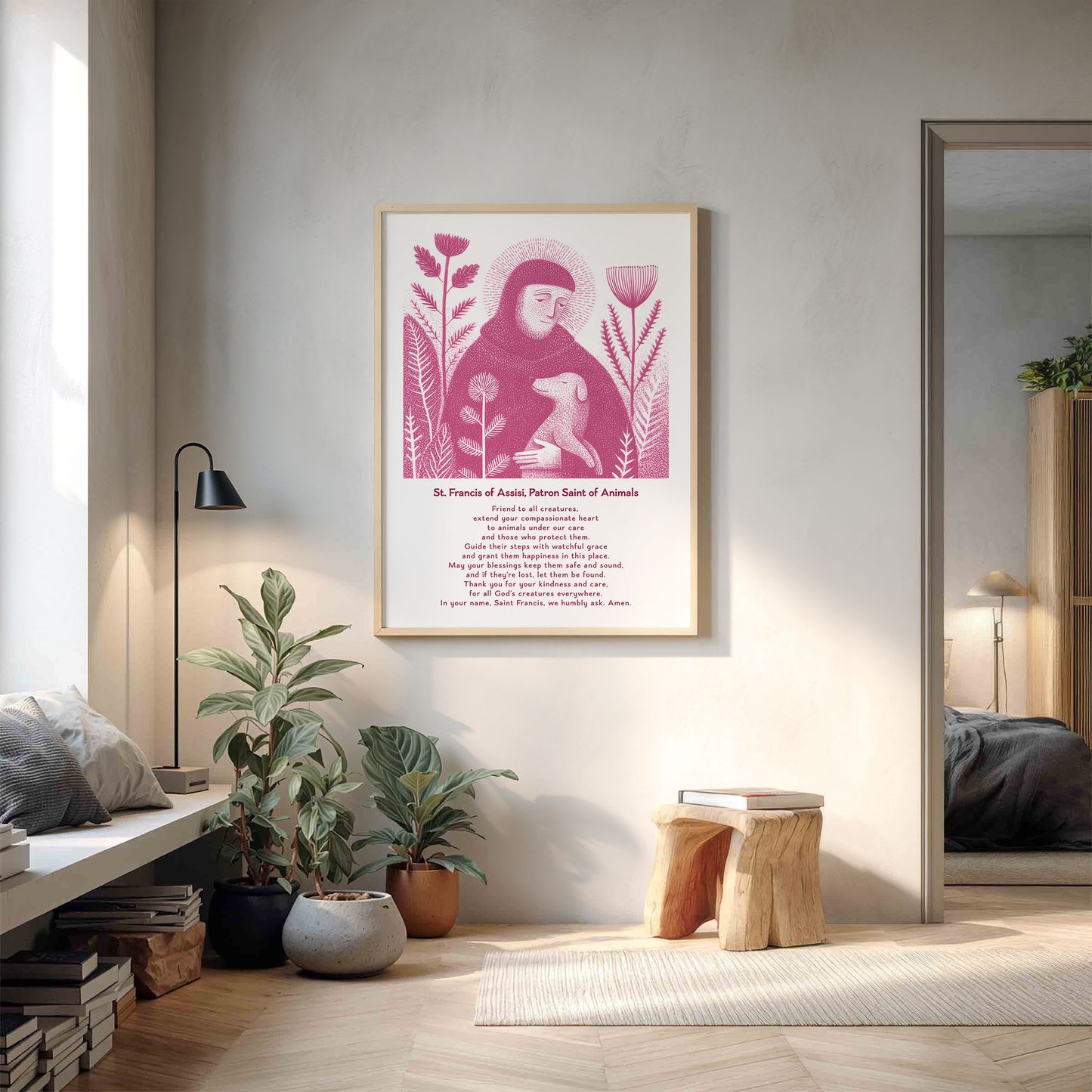 St Francis with Dog Art Print - Pink interior mockup 13 - p_9_franc_dog_0005_Layer 5